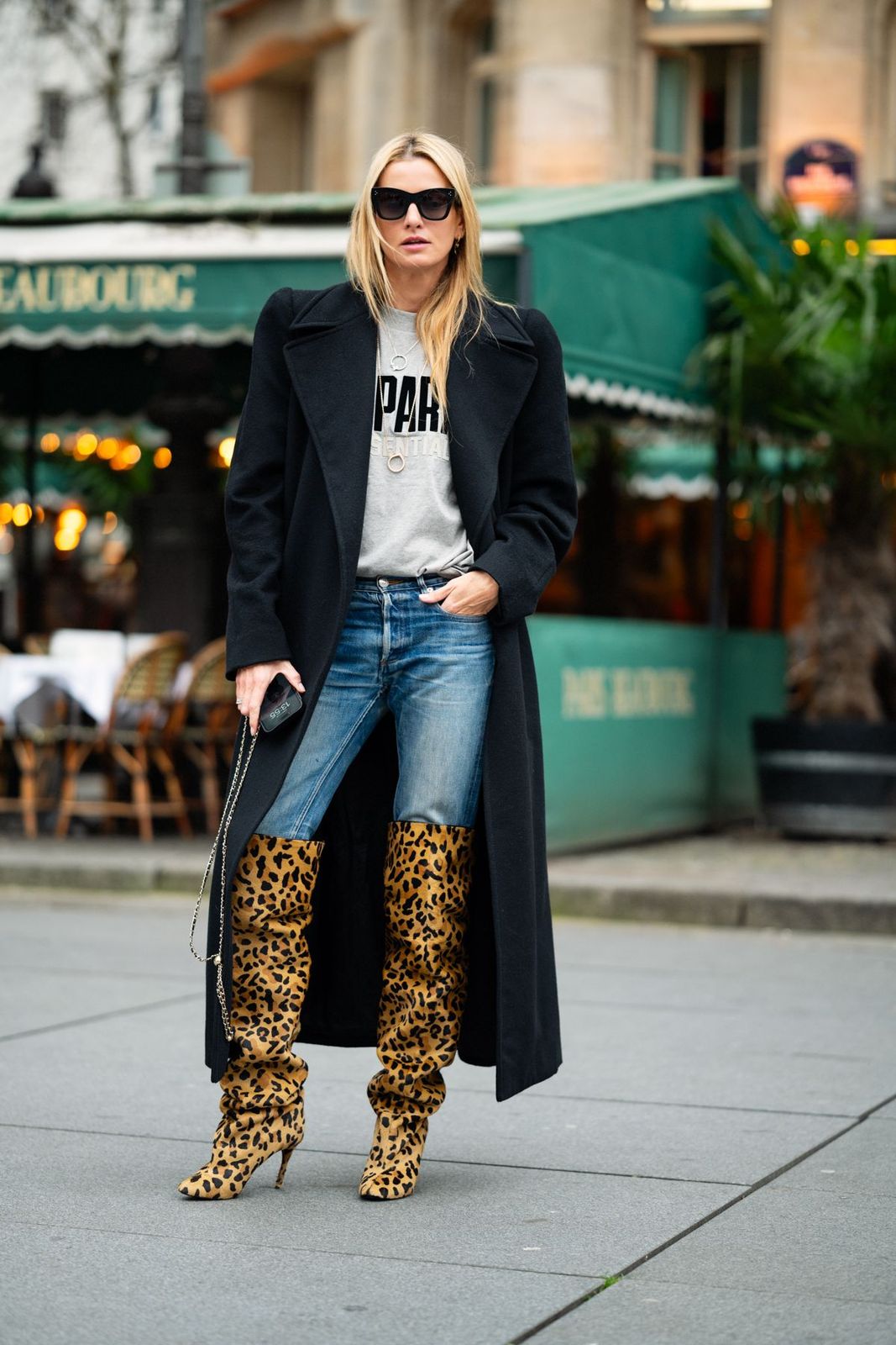 Leopard Print Boots with a Long Black Coat Leopard Print Boots with a Long Black Coat β Knee High Boots Outfits
