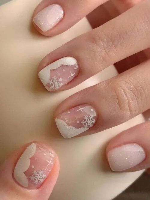 Delicate Glitter French With Tiny Snowflakes Delicate Glitter French With Tiny Snowflakes β Snowflake Nails