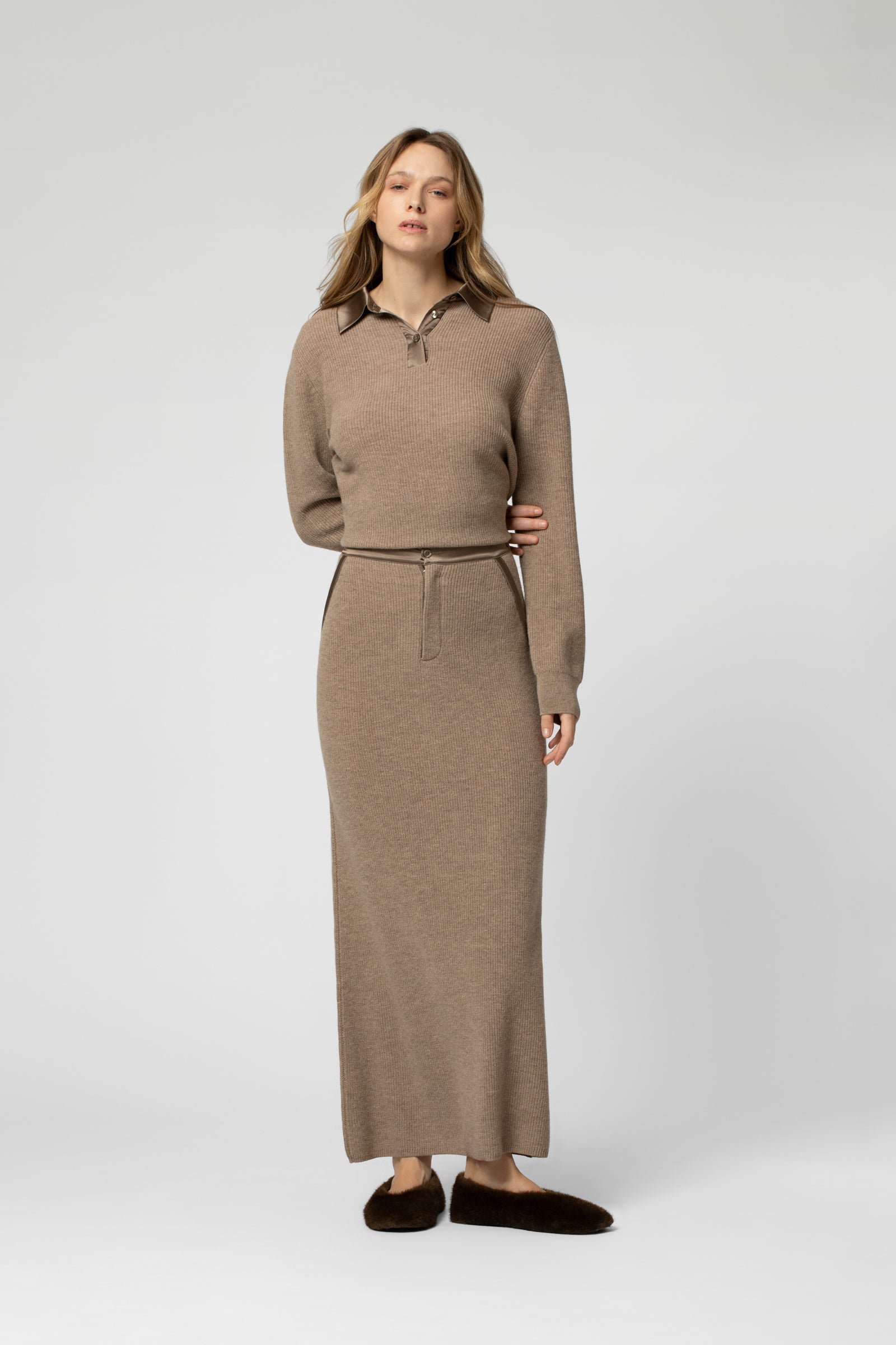 Knit Maxi Skirt and Collared Top for a Chic Dinner — Winter Dinner Outfits