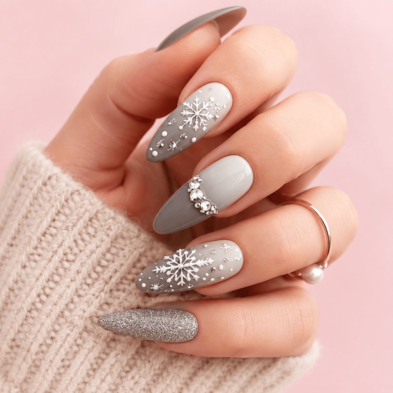 Grey Gradient Rhinestone Almonds Grey Gradient Rhinestone Almonds β Christmas Nails 2026