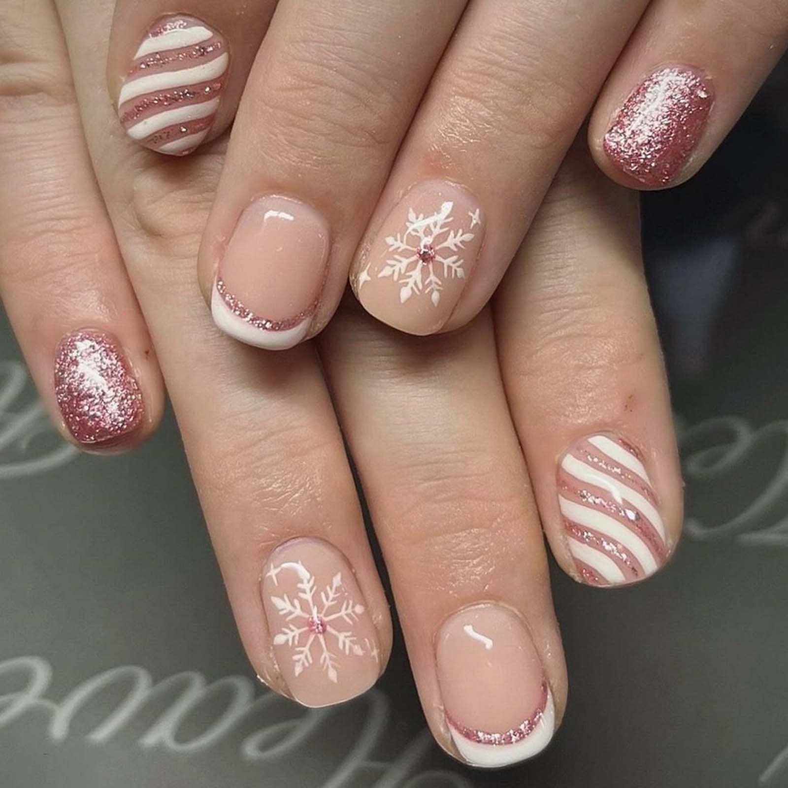 Winter Snowflake and Candy Cane French Tip Nails Winter Snowflake and Candy Cane French Tip Nails β Short Winter Acrylic Nails