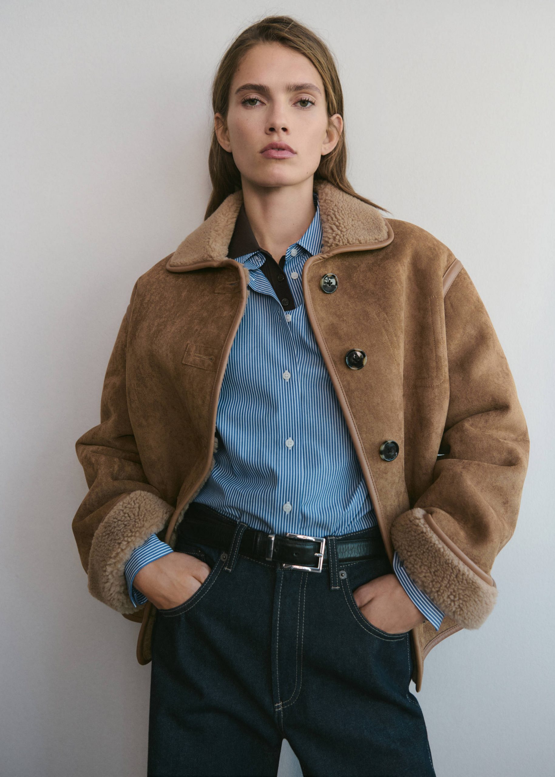 Shearling-Lined Jacket with Striped Shirt Shearling-Lined Jacket with Striped Shirt β Winter Coats for Women