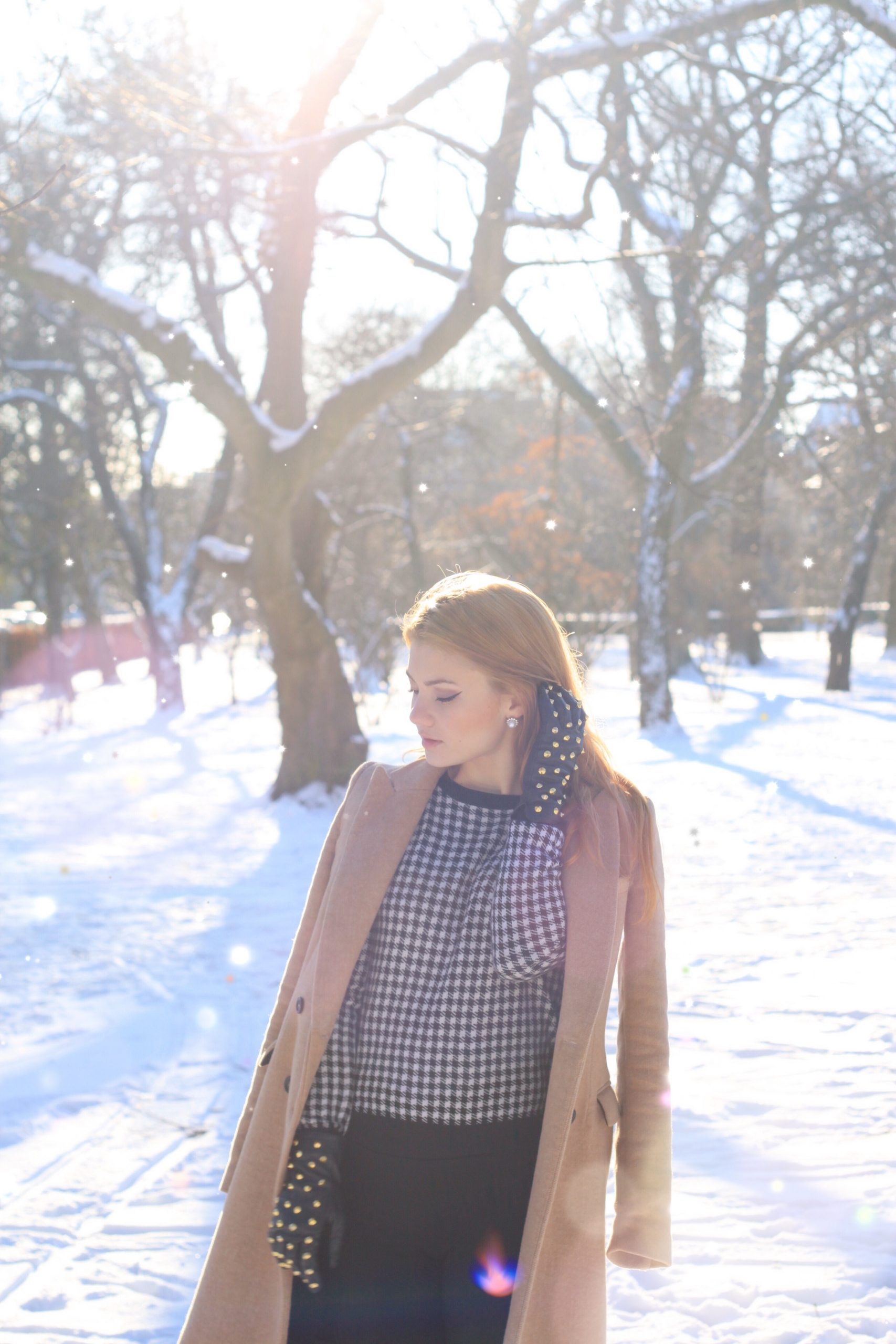 Beige Wool Coat with Checked Top and Studded Gloves — Late Winter Outfits