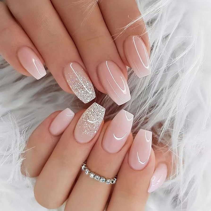 Pale Pink Glitter French Coffin Nails Pale Pink Glitter French Coffin Nails β New Years Coffin Nails 2027