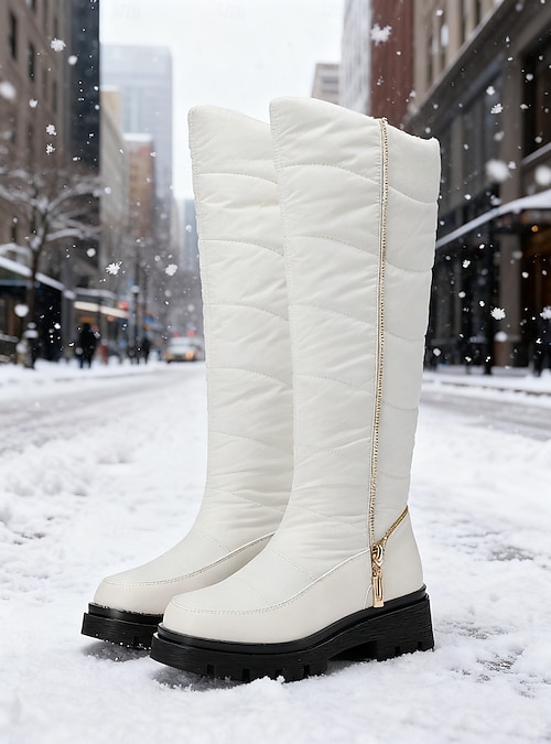 White Quilted Knee-High Boots in Snowy Urban Setting White Quilted Knee-High Boots in Snowy Urban Setting β Snow Boots Outfits
