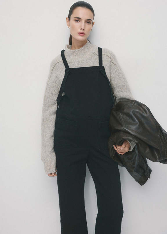 Light Grey Turtleneck Under Black Denim Overalls Light Grey Turtleneck Under Black Denim Overalls β Winter Maternity Outfits