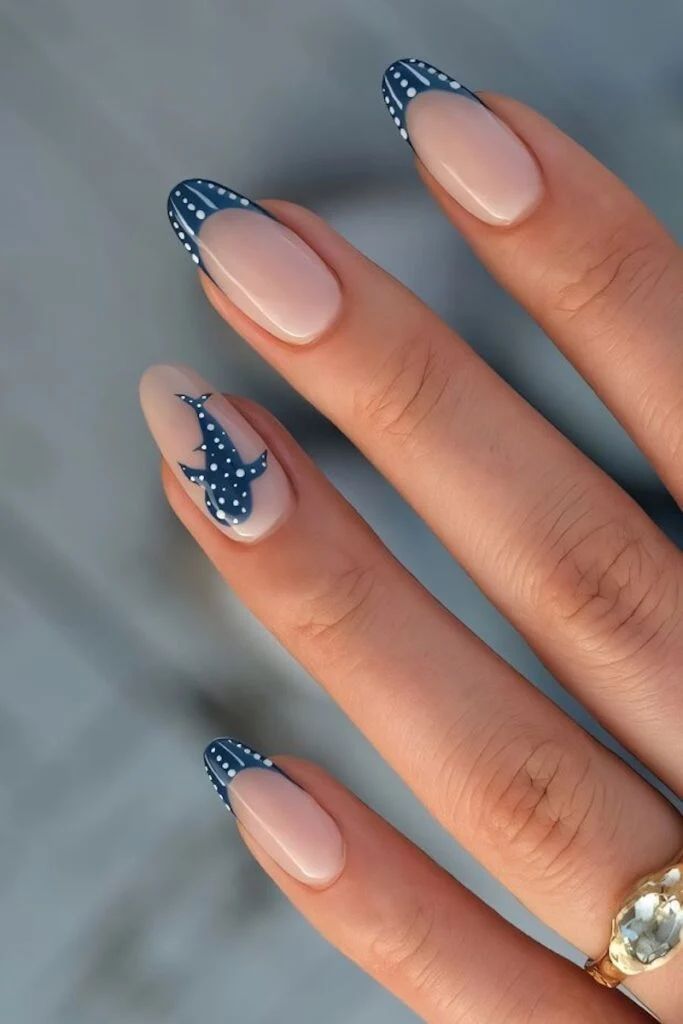 Sheer Nude with Navy Whale Shark Art — Holiday Nail Colors 2026