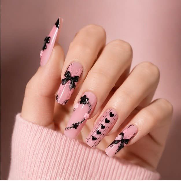Light Pink Black Silver Visual Idea Light Pink Black Silver Visual Idea β Winter Bow Nails