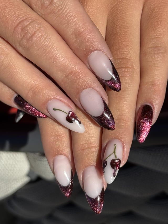 Stiletto Nails with Cherry Art and Glitter Stiletto Nails with Cherry Art and Glitter β Black Cherry Nails