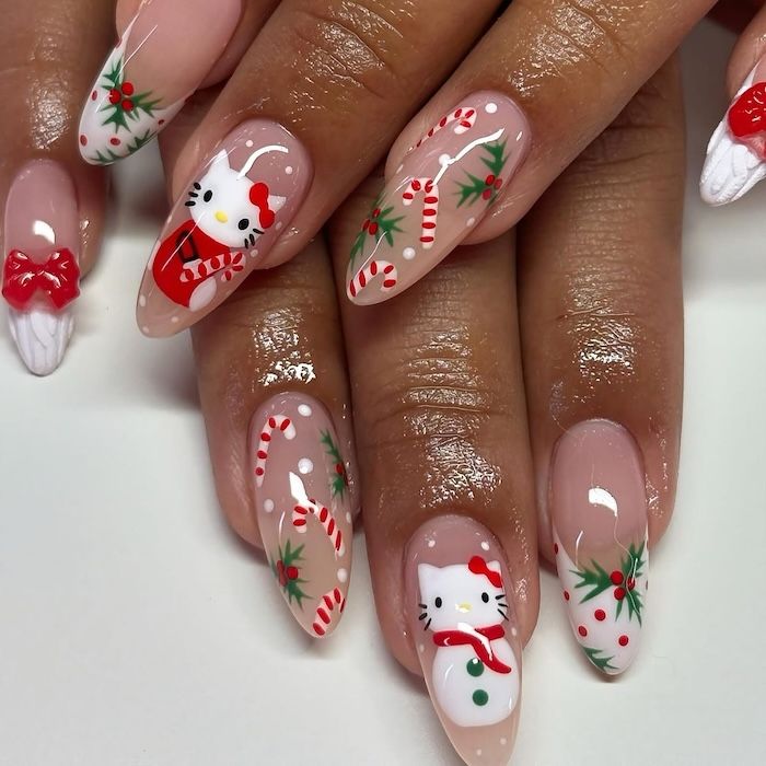 Nude Hello Kitty Santa Almond Nails Nude Hello Kitty Santa Almond Nails β Hello Kitty Christmas Nails 2026