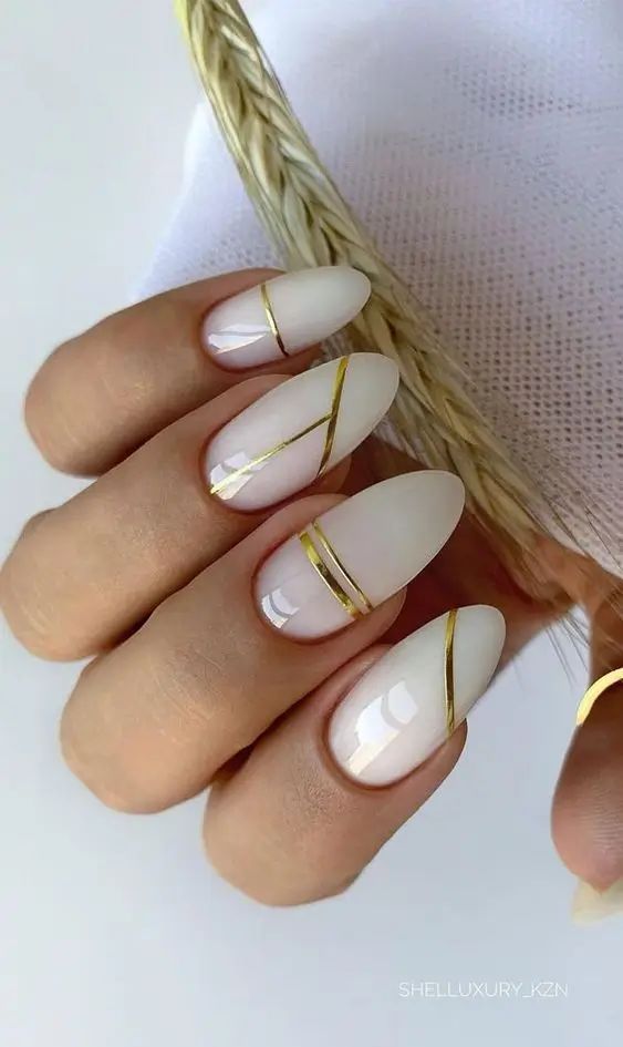 Translucent Milky White with Gold Foil Accents Translucent Milky White with Gold Foil Accents β Milky White Nails