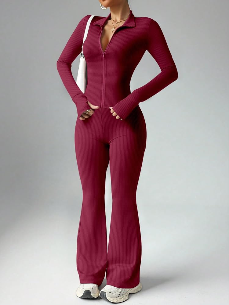 Ribbed Knit Burgundy Jumpsuit with Flared Legs and White Sneakers Ribbed Knit Burgundy Jumpsuit with Flared Legs and White Sneakers β Burgundy Outfits