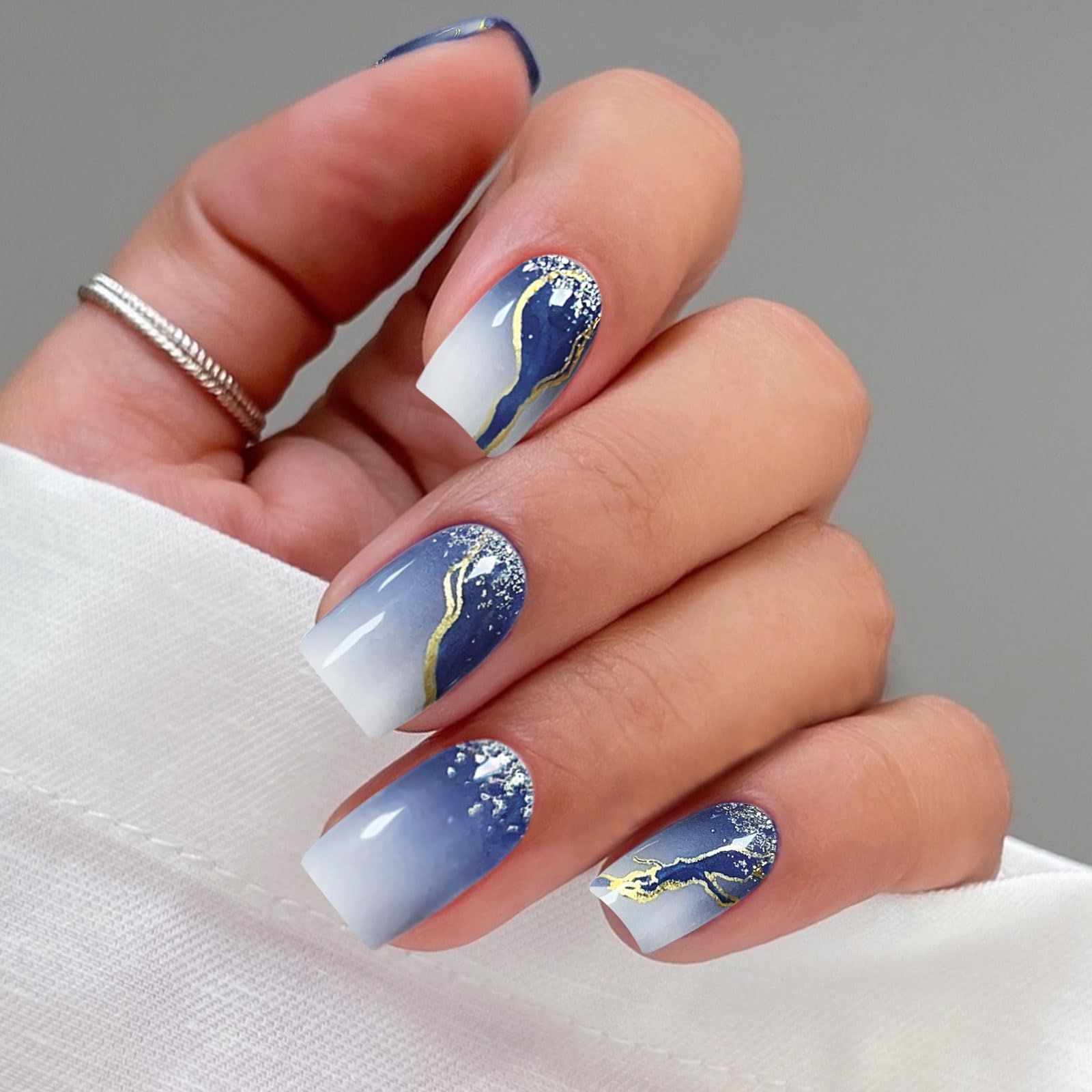 Ombre Navy Gradient with Gold Foil Short Square Nails Ombre Navy Gradient with Gold Foil Short Square Nails β Navy Blue Nails
