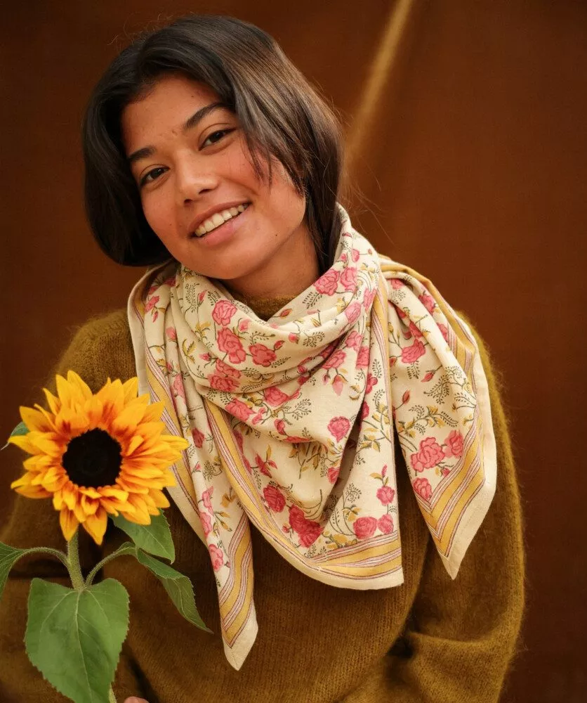 Floral Print Scarf Adding Softness to a Knit Sweater Floral Print Scarf Adding Softness to a Knit Sweater β Scarf Outfits