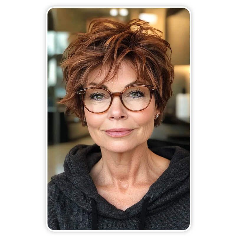 Shaggy Auburn Pixie With Textured Fringe — Winter Haircuts for Women Over 60