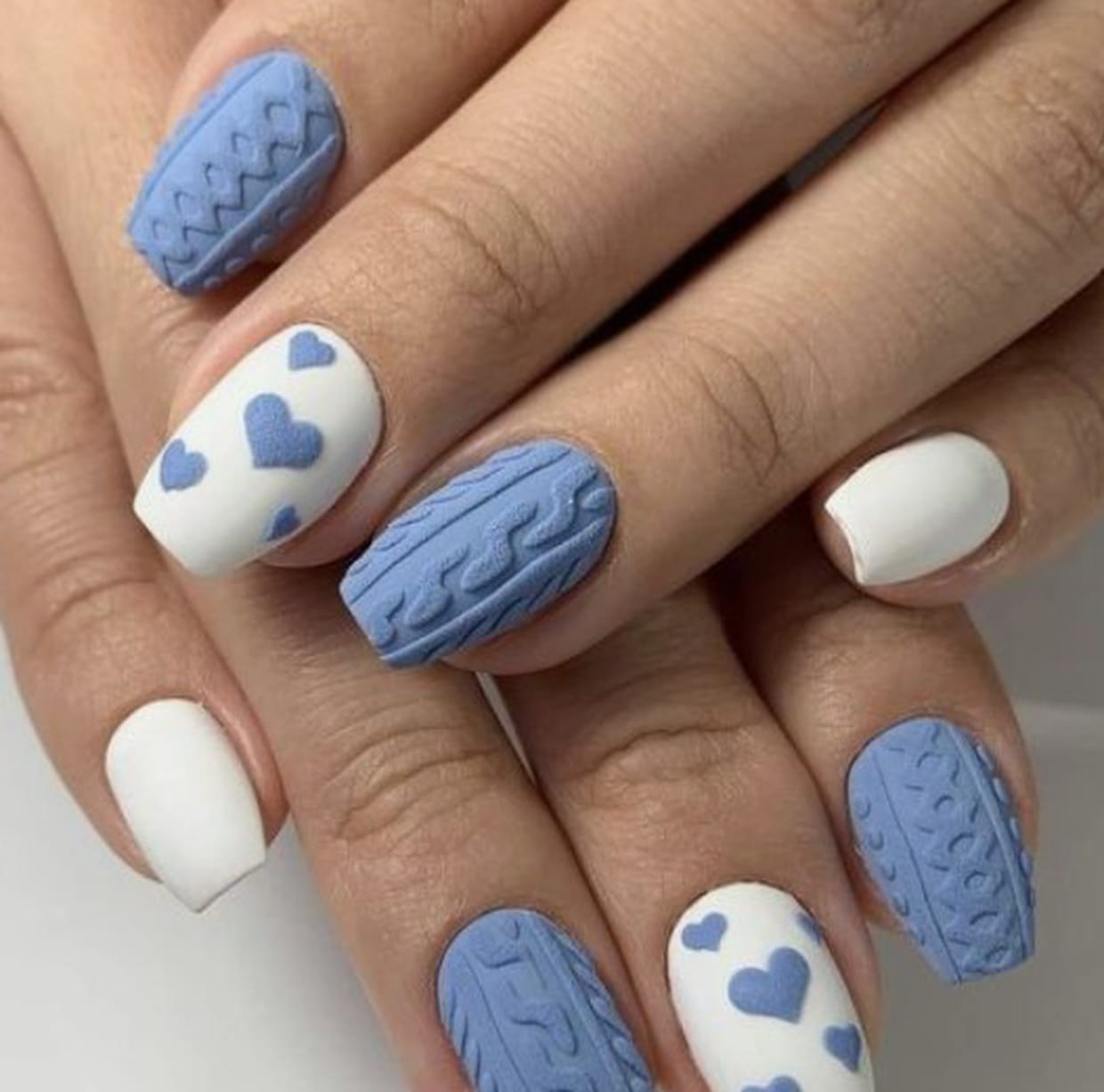 Light Blue Matte 3D Cable Knit Hearts Light Blue Matte 3D Cable Knit Hearts โ Winter Blue Nails