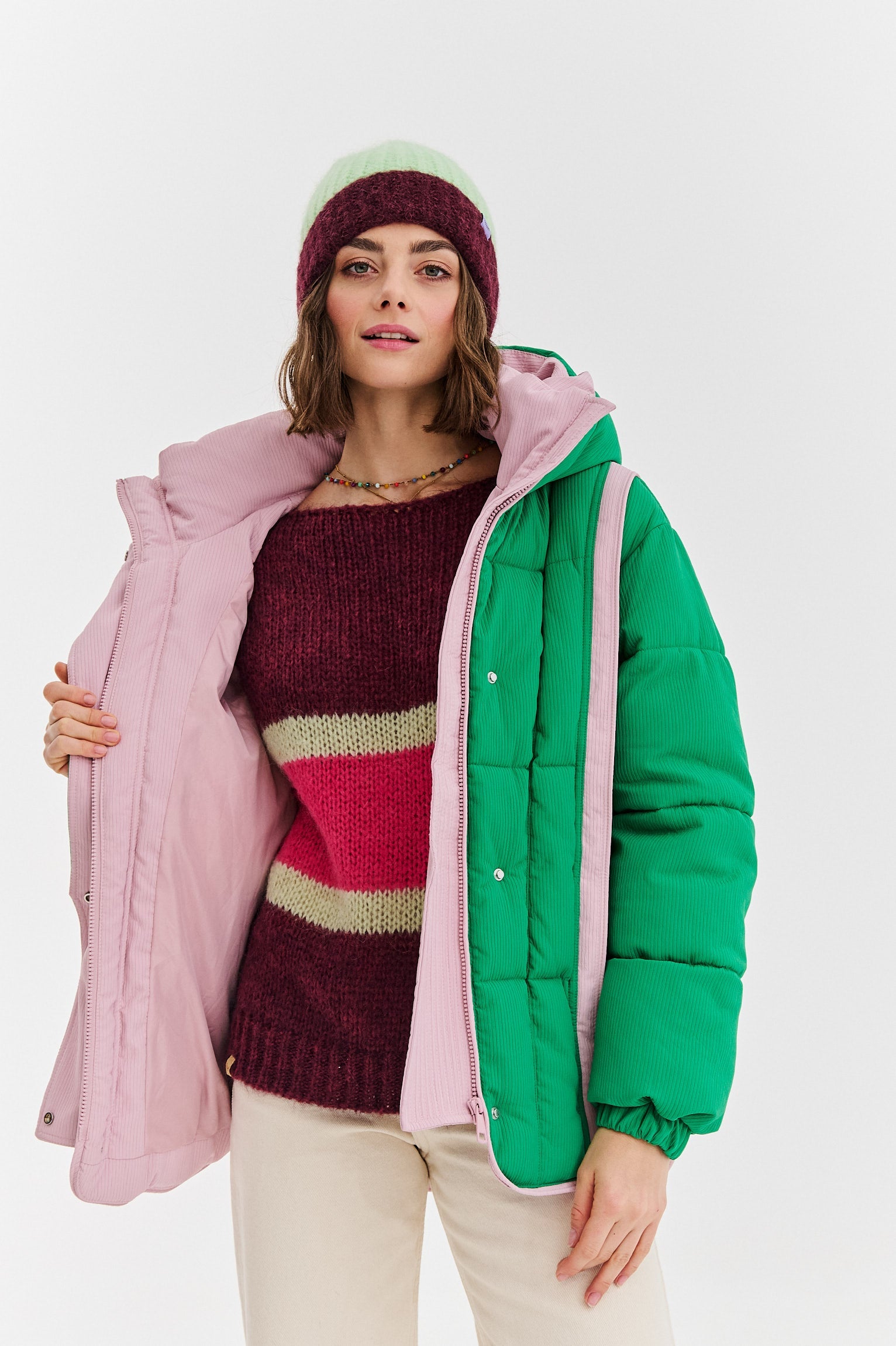 Color-Blocked Puffer Jacket with Knit Sweater Color-Blocked Puffer Jacket with Knit Sweater β Baddie Winter Outfits