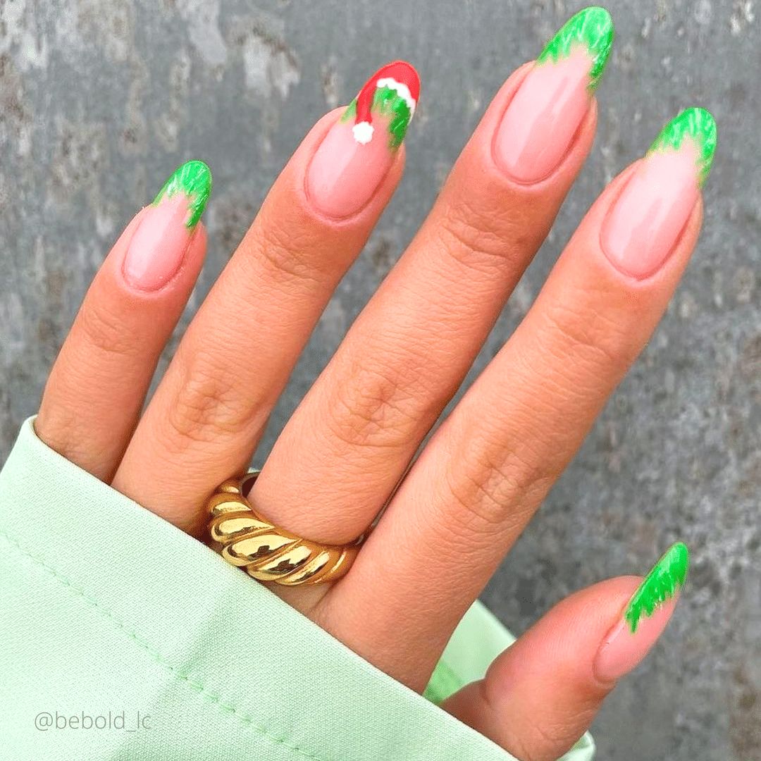 Playful Pine Needle French Tips and Santa Hat Nail Playful Pine Needle French Tips and Santa Hat Nail β Winter Nail Designs