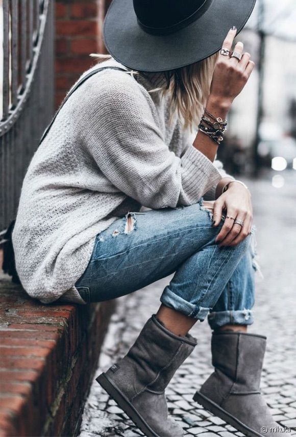 Grey Suede Uggs with Ripped Jeans and Knit Sweater — Ugg Boots Outfits