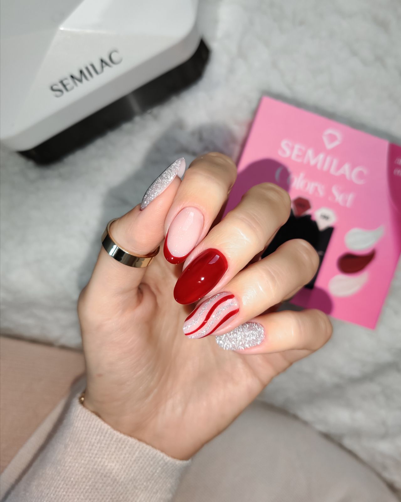 Sheer Pink Base Silver Details Red Visual Idea Sheer Pink Base Silver Details Red Visual Idea β Classy Christmas Nails 2026