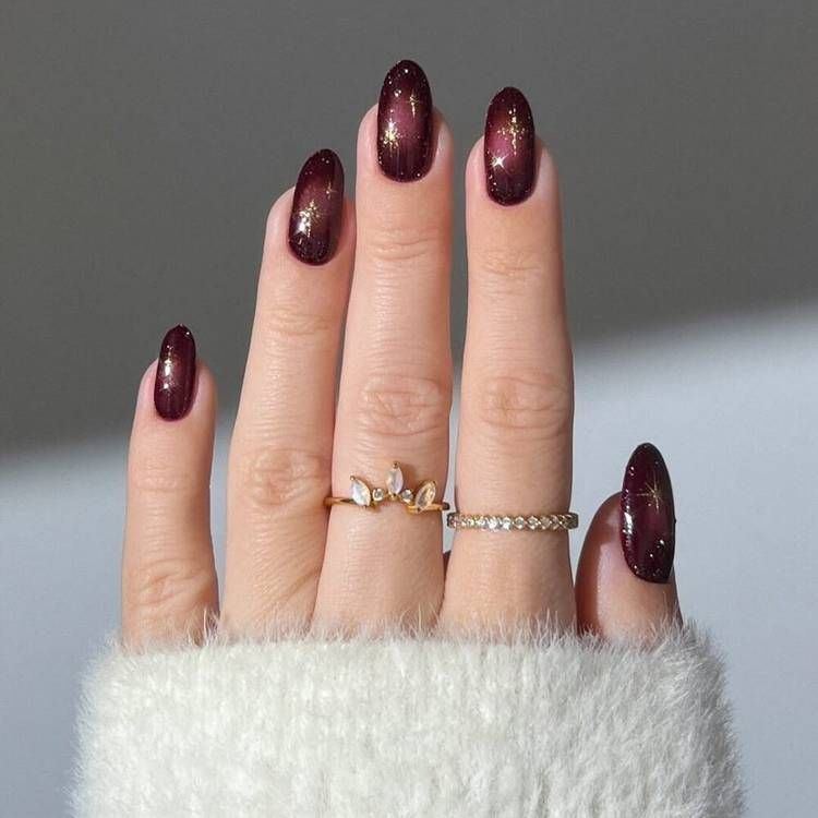 Deep Burgundy with Gold Glitter Deep Burgundy with Gold Glitter β Winter Aura Nails