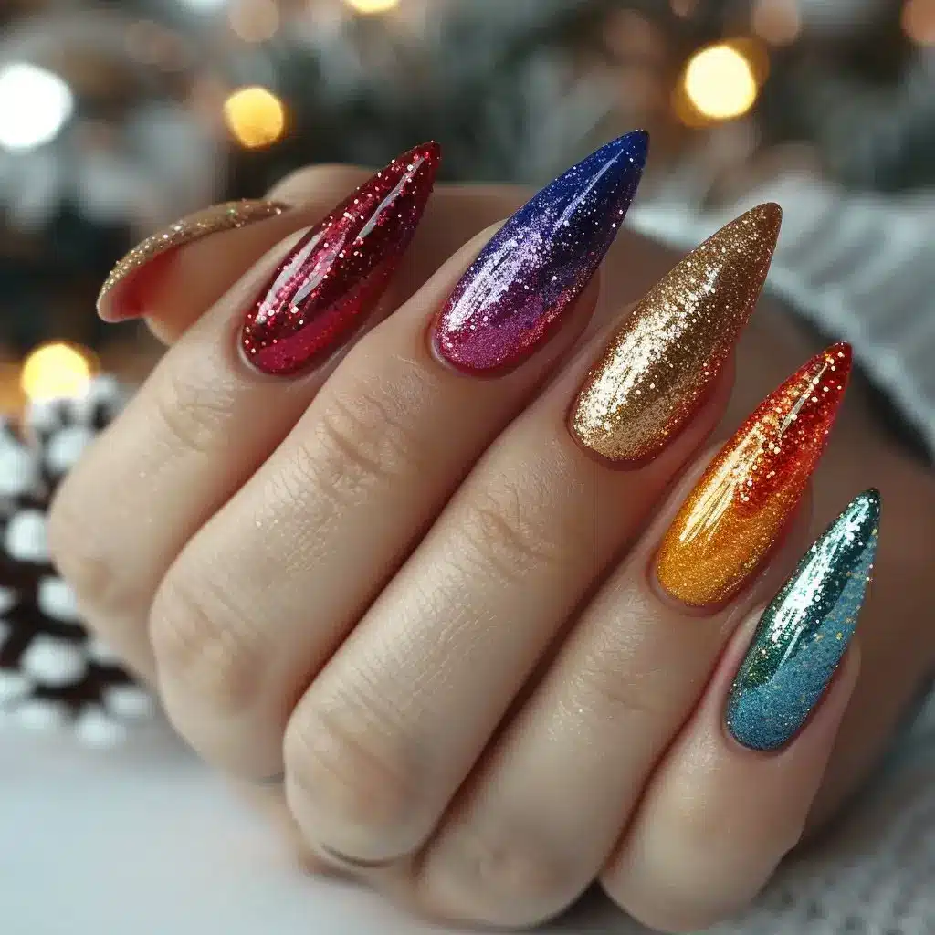 Vibrant Glitter Gradient Stilettos Vibrant Glitter Gradient Stilettos β Winter Glitter Nails
