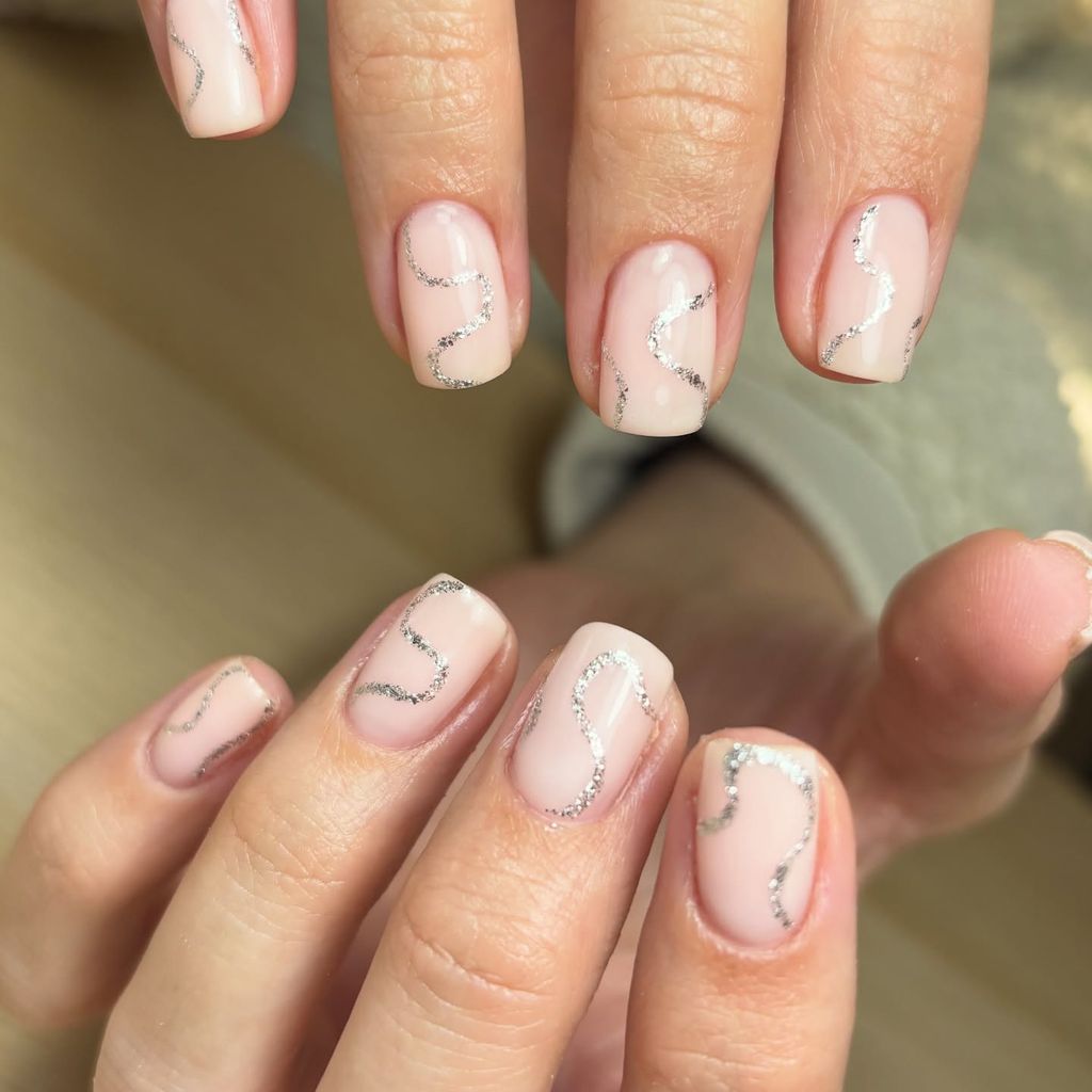 Sheer Pink Silver Wavy Line Nails Sheer Pink Silver Wavy Line Nails โ Winter Formal Nails