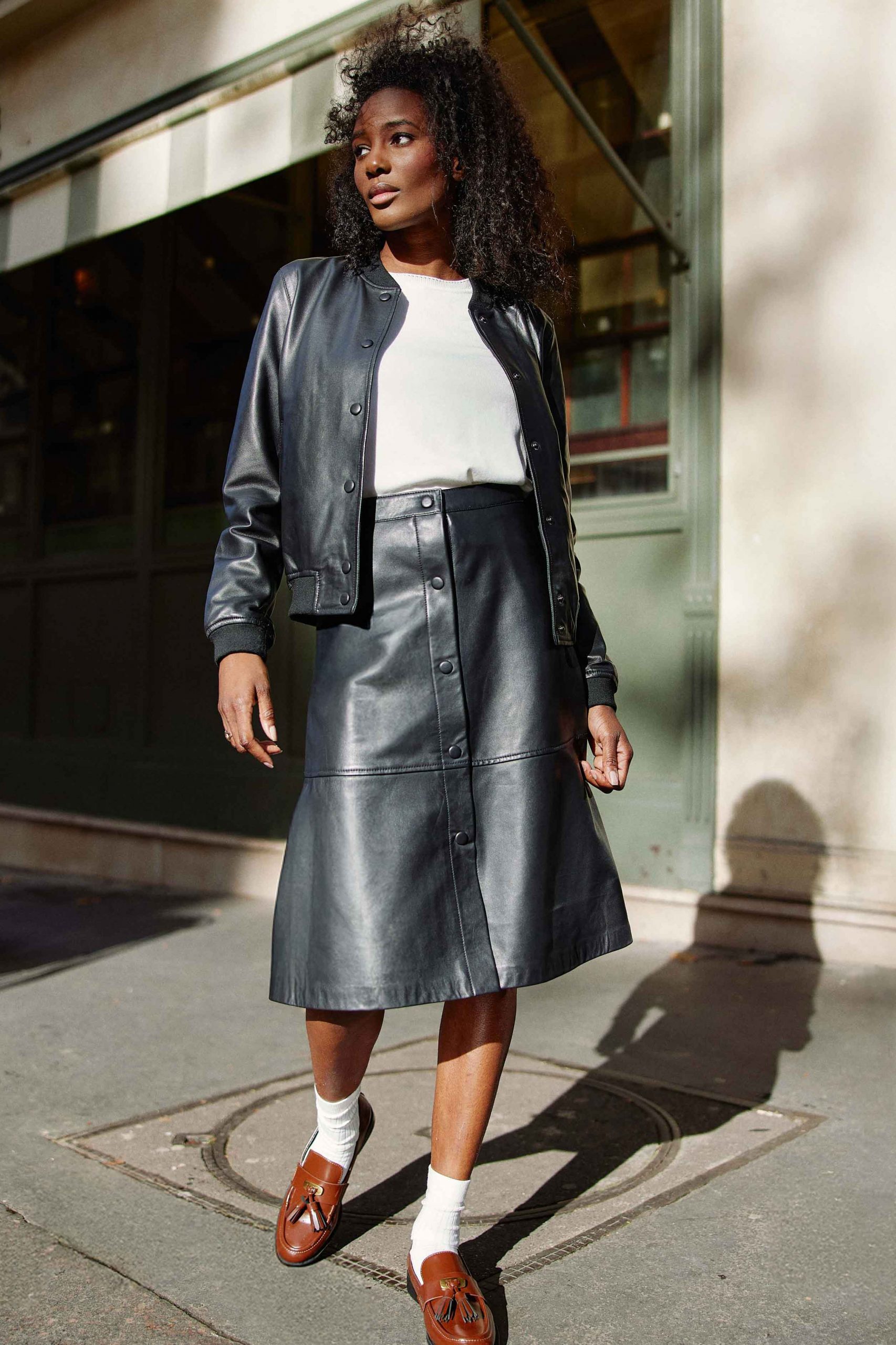 Edgy Layers: Bomber Jacket and Button-Front Skirt — Leather Skirt Outfits