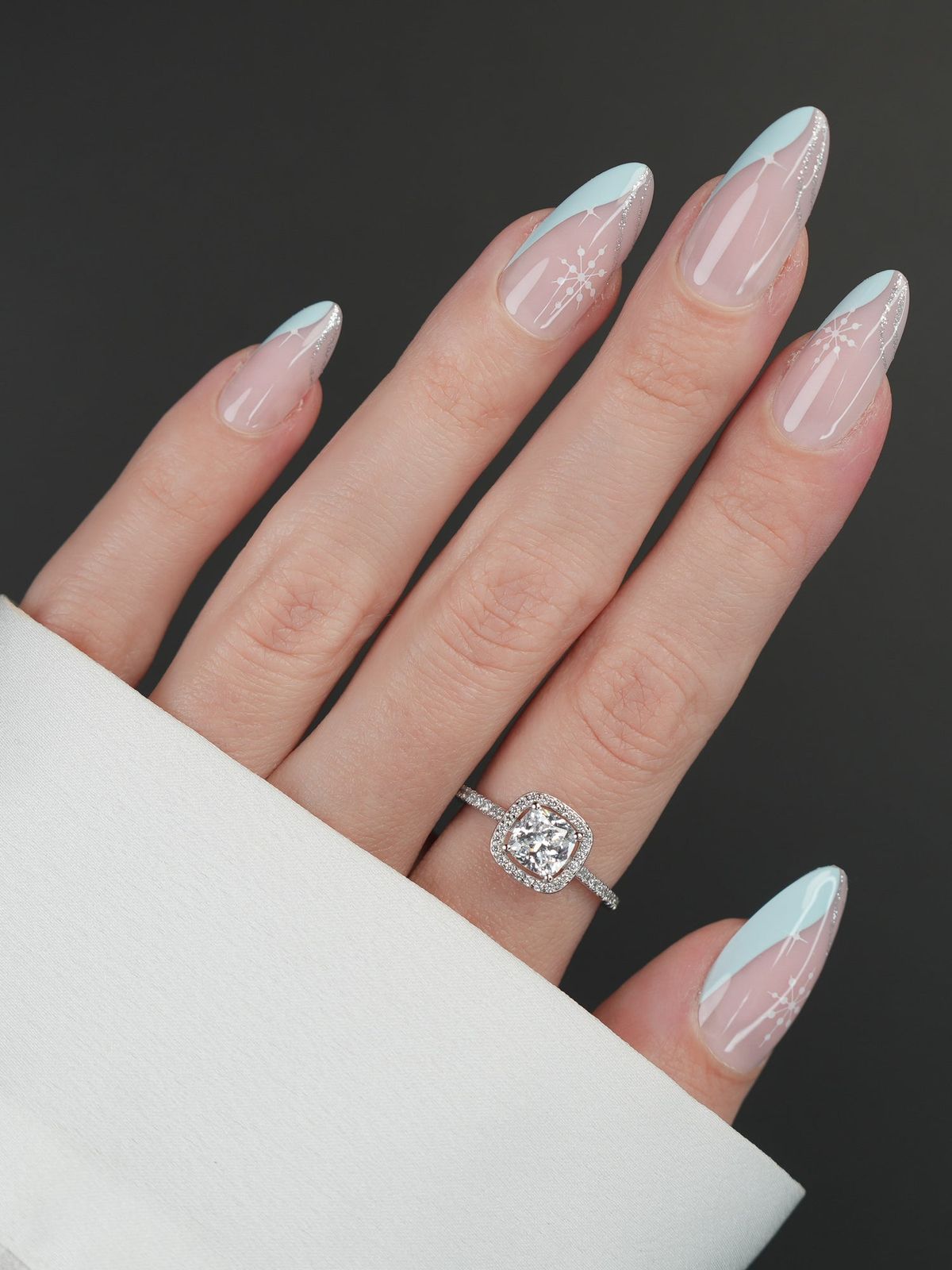 Pale Blue Snowflake French Tips Pale Blue Snowflake French Tips β Medium Christmas Nails 2026