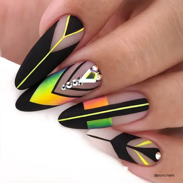 Abstract Geometric Matte Black Nails with Rhinestones Abstract Geometric Matte Black Nails with Rhinestones β Winter Matte Nails