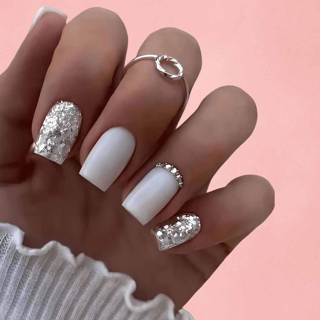 Sparkling Silver Glitter & Rhinestone White Nails Sparkling Silver Glitter & Rhinestone White Nails β New Years Square Nails 2027