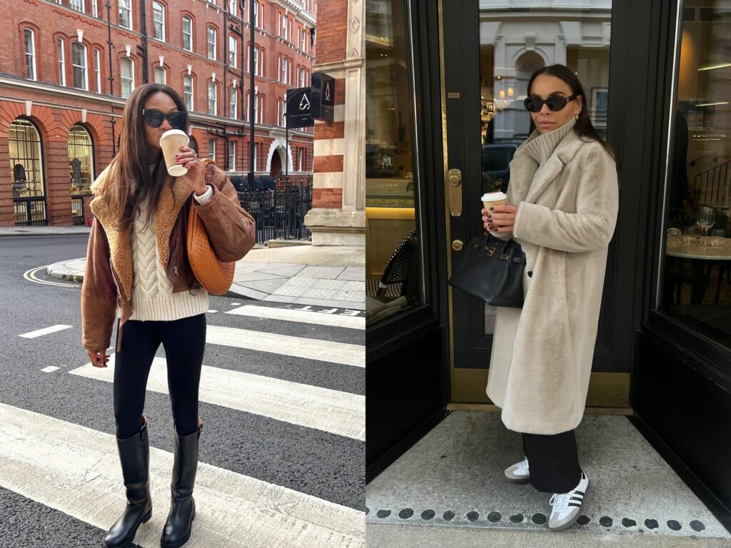 Black Knee-High Boots with Shearling Jacket and White Sweater — Brown Boots Outfits