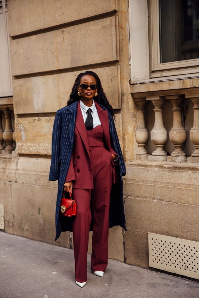 Burgundy Suit with Pinstripe Coat and White Heels Burgundy Suit with Pinstripe Coat and White Heels β Paris Winter Outfits