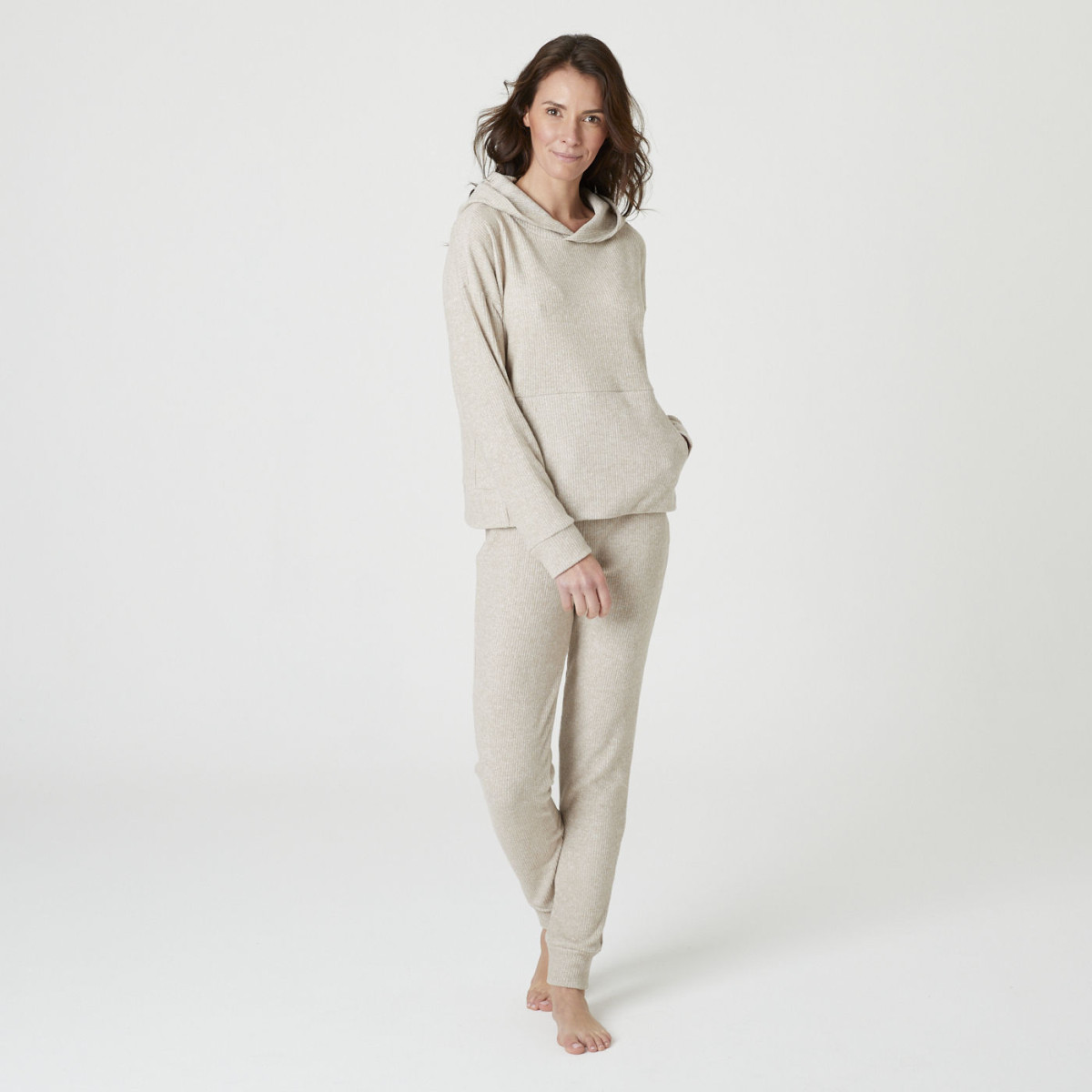 Beige Ribbed Knit Hoodie and Trouser Set Beige Ribbed Knit Hoodie and Trouser Set โ Loungewear Outfits