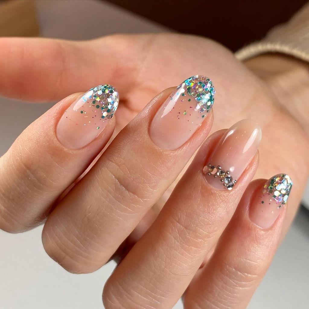 Sheer Pink Nude Glitter Gradient with Gems — New Years Eve Nails 2027