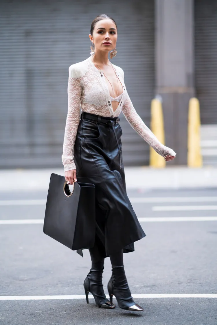 Chic Ensemble: Lace Top and Structured Leather Skirt — Leather Skirt Outfits