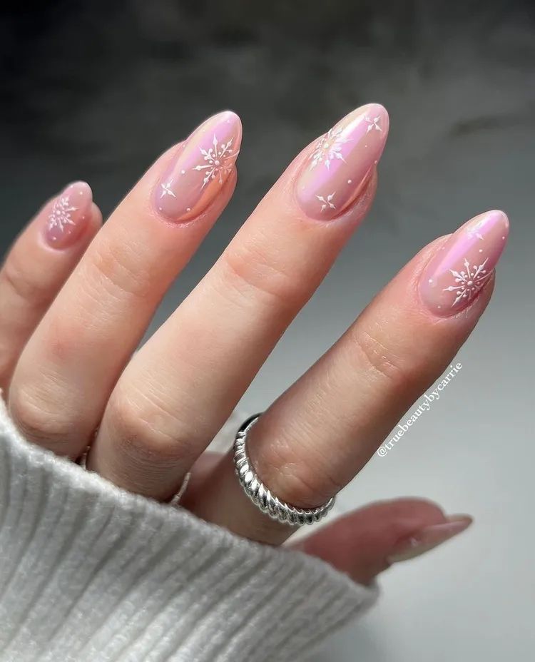 Pale Pink Iridescent Shimmer With Snowflakes Pale Pink Iridescent Shimmer With Snowflakes β Snowflake Nails