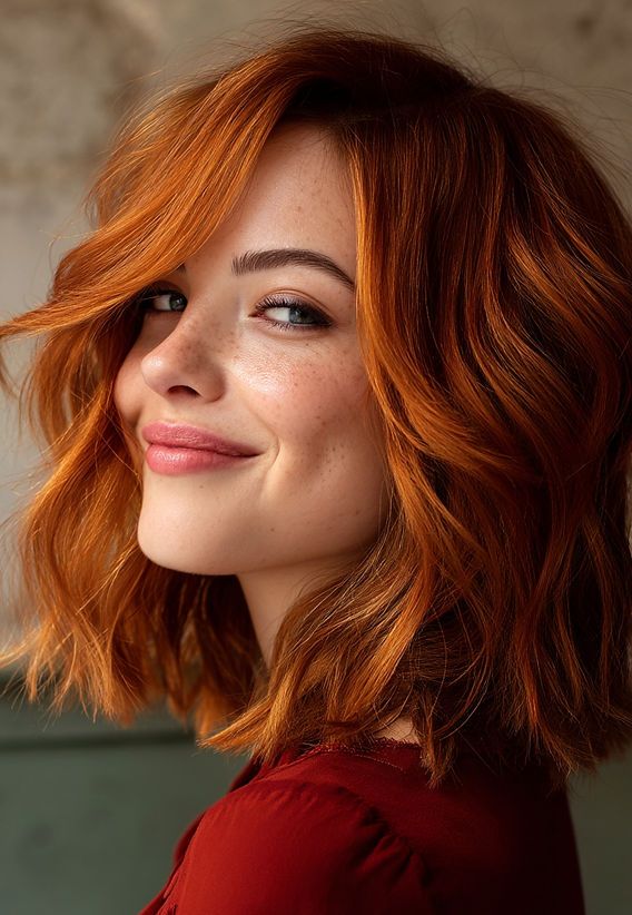 Fiery Auburn Bob With Voluminous Waves — Winter Hair Colors for Redheads