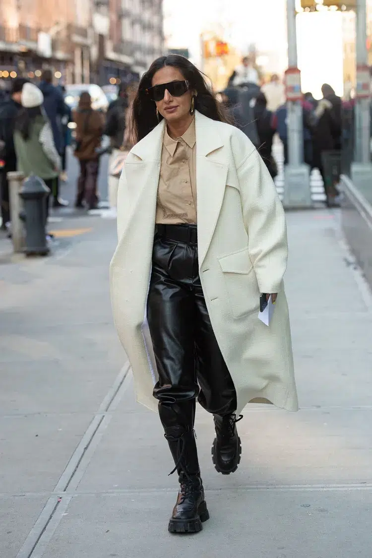 Black Chunky Lace-Up Boots with a Wool Coat and Faux Leather Trousers Black Chunky Lace-Up Boots with a Wool Coat and Faux Leather Trousers β Winter Boots Outfits