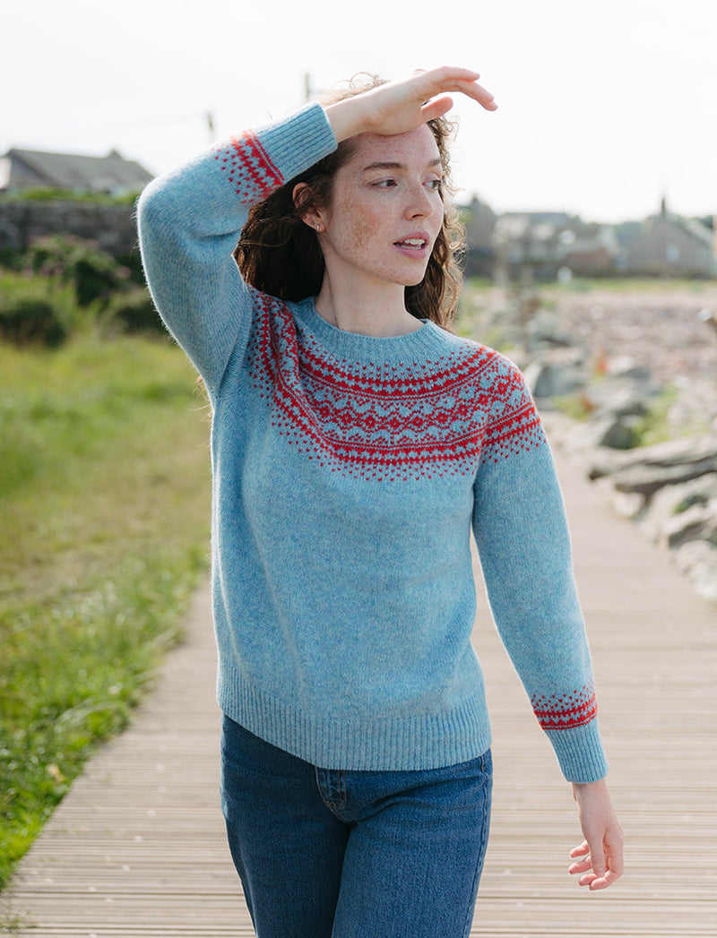 Light Blue Fair Isle Sweater with Red Accents Light Blue Fair Isle Sweater with Red Accents โ Fair Isle Sweater Outfits