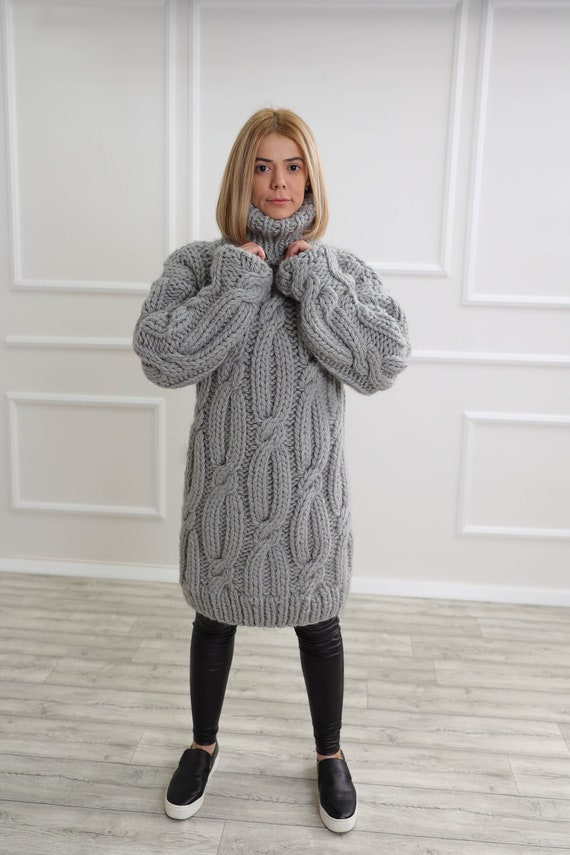 Oversized Grey Turtleneck Dress with Faux Leather Leggings — Turtleneck Outfits