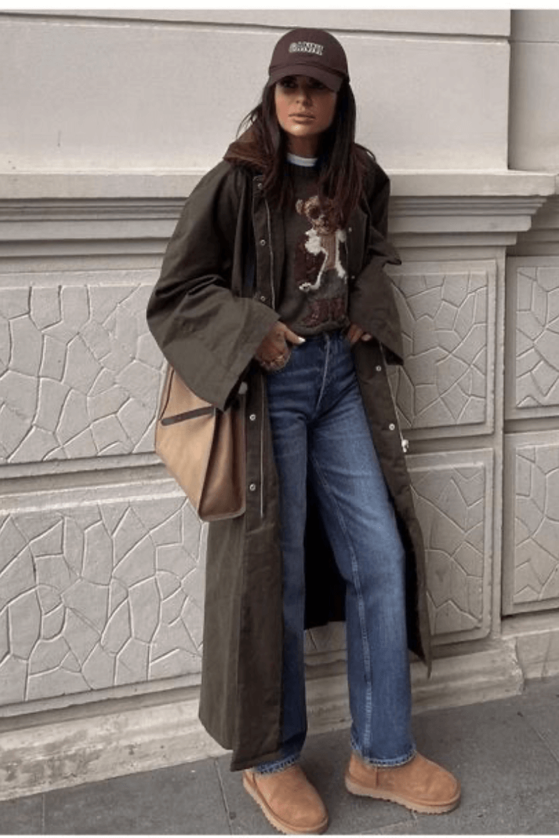Olive Green Trench Coat with Graphic Tee and Tan Ugg Boots Olive Green Trench Coat with Graphic Tee and Tan Ugg Boots β Ugg Slippers Outfits