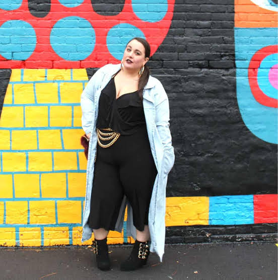 Denim Duster Coat Over a Black Jumpsuit Denim Duster Coat Over a Black Jumpsuit β Winter Outfits for Plus Size Women