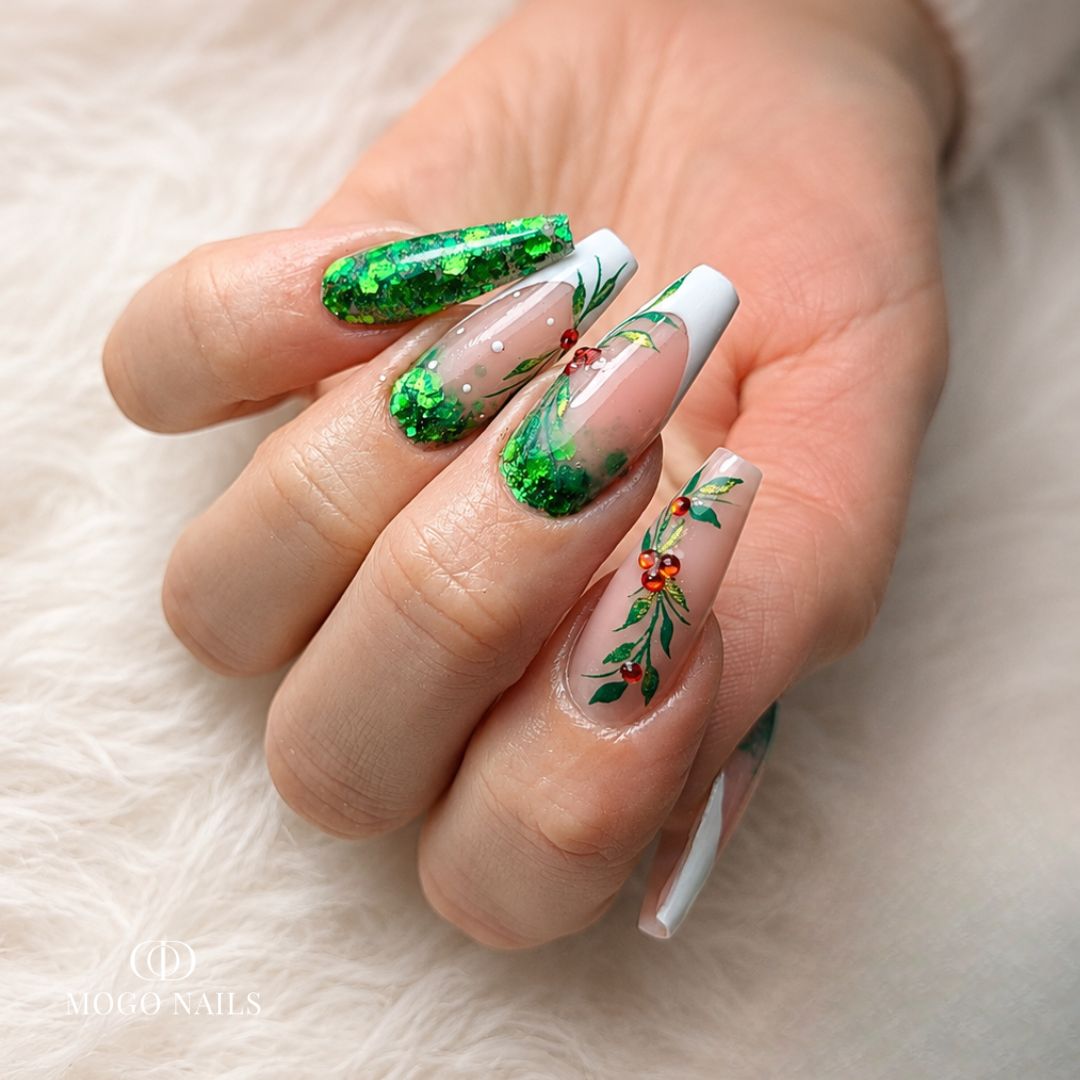Emerald Glitter Coffin Nails with Holly Emerald Glitter Coffin Nails with Holly β Green Christmas Nails 2026
