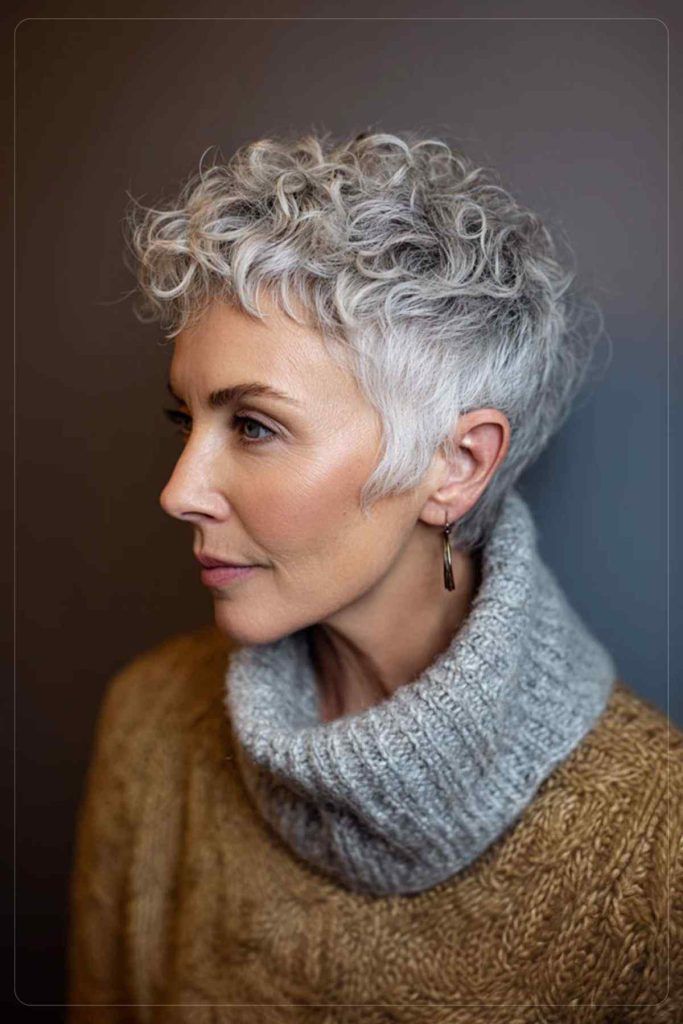 Silver-Grey Curly Pixie — Winter Haircuts for Women Over 40