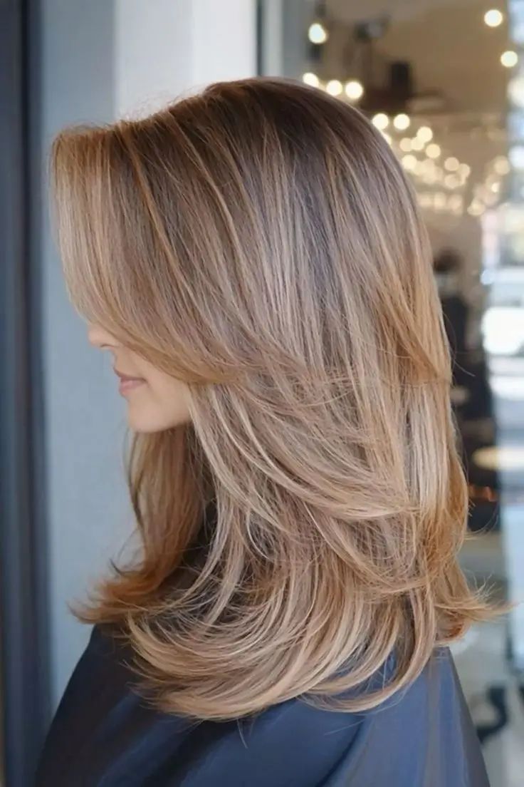 Honey Blonde Layered Cut With Balayage Honey Blonde Layered Cut With Balayage β Medium Length Winter Haircuts