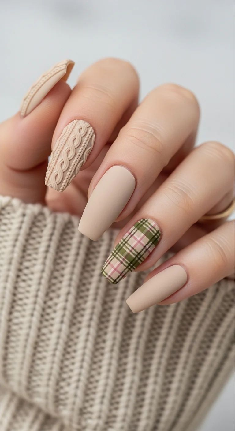Long Coffin Knit and Plaid Neutral Beige Nails Long Coffin Knit and Plaid Neutral Beige Nails β Sweater Nails