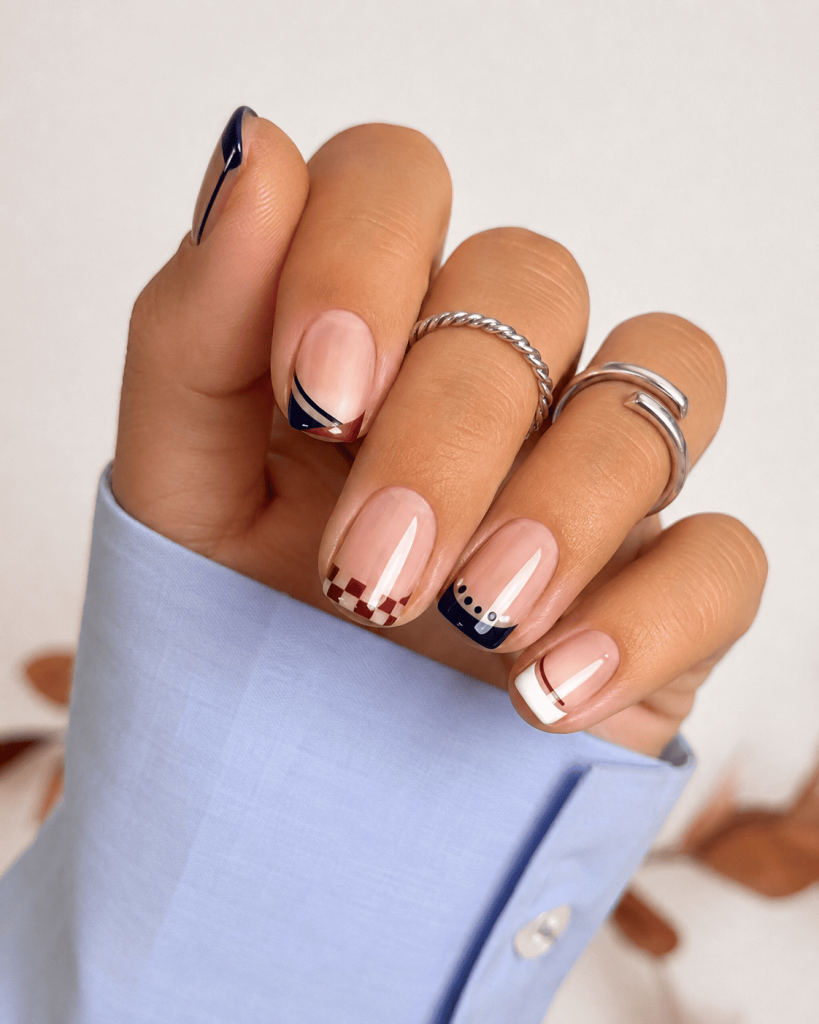 Geometric French Tips Nude Nails — Short Winter Square Nails