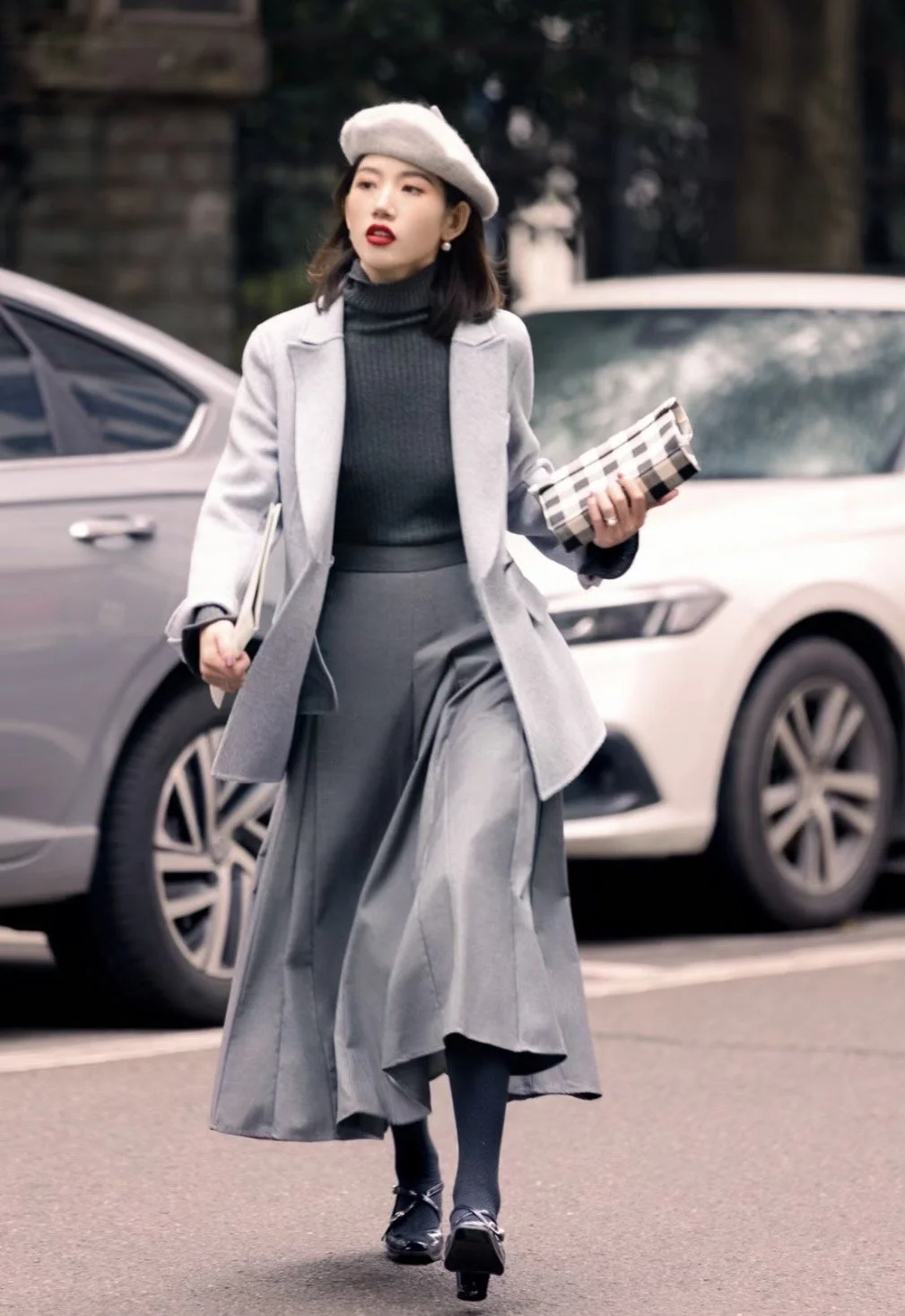 Grey Turtleneck, Blazer, and Pleated Midi Skirt — Winter Capsule Wardrobe