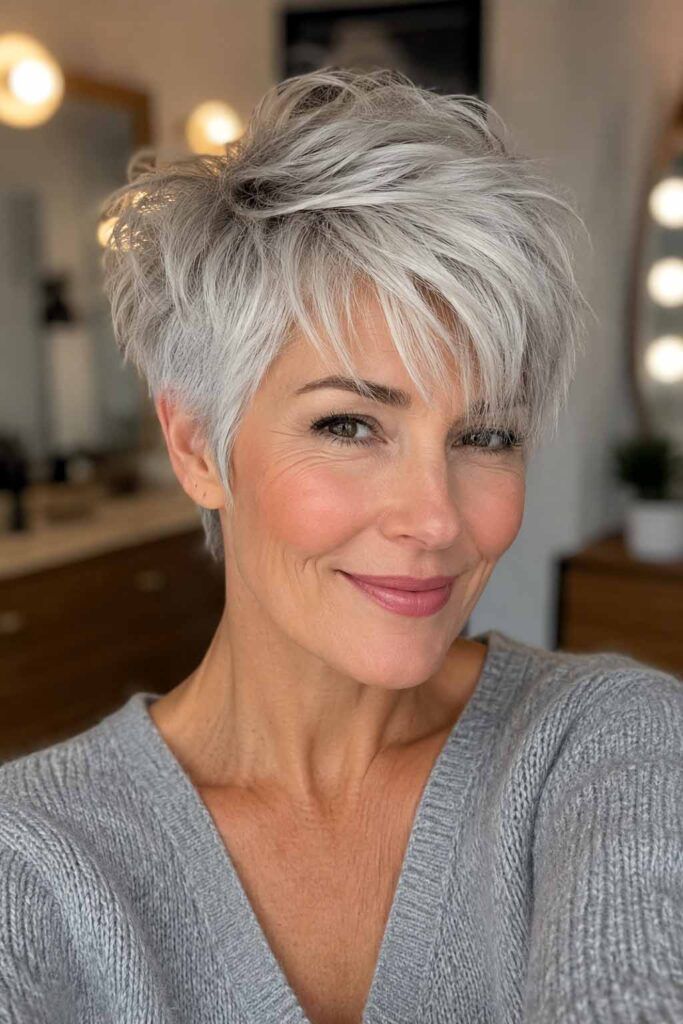 Silver Grey Pixie With Tousled Texture Silver Grey Pixie With Tousled Texture β Winter Pixie Haircuts